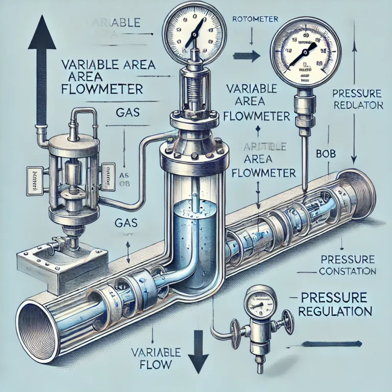 DALL·E 2024-09-22 04.23.20 - A technical illustration of a gas flow measurement system using a variable area flowmeter (rotameter) and pressure regulation